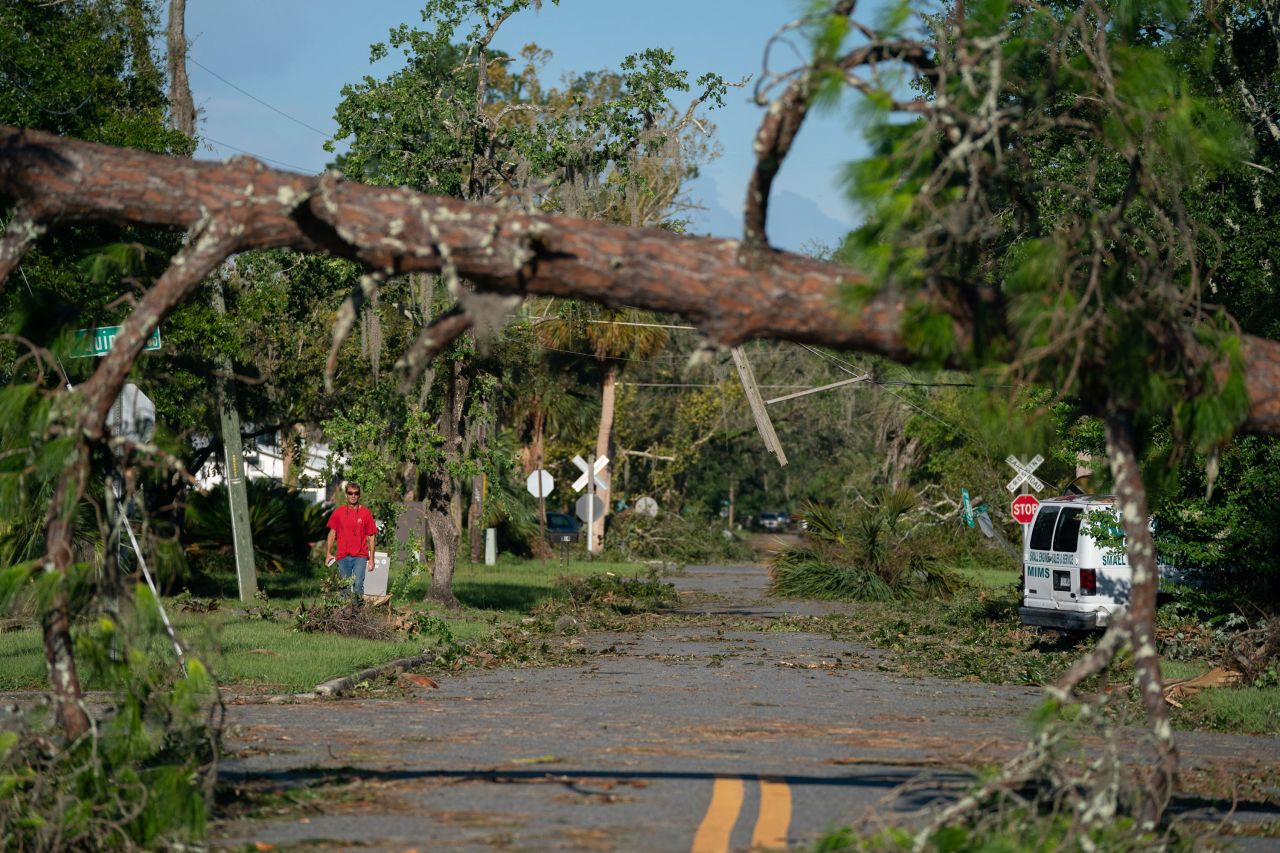 A fallen tree obstructs a road in the aftermath of Hurricane Idalia on August 31, 2023 in Perry, Florida.