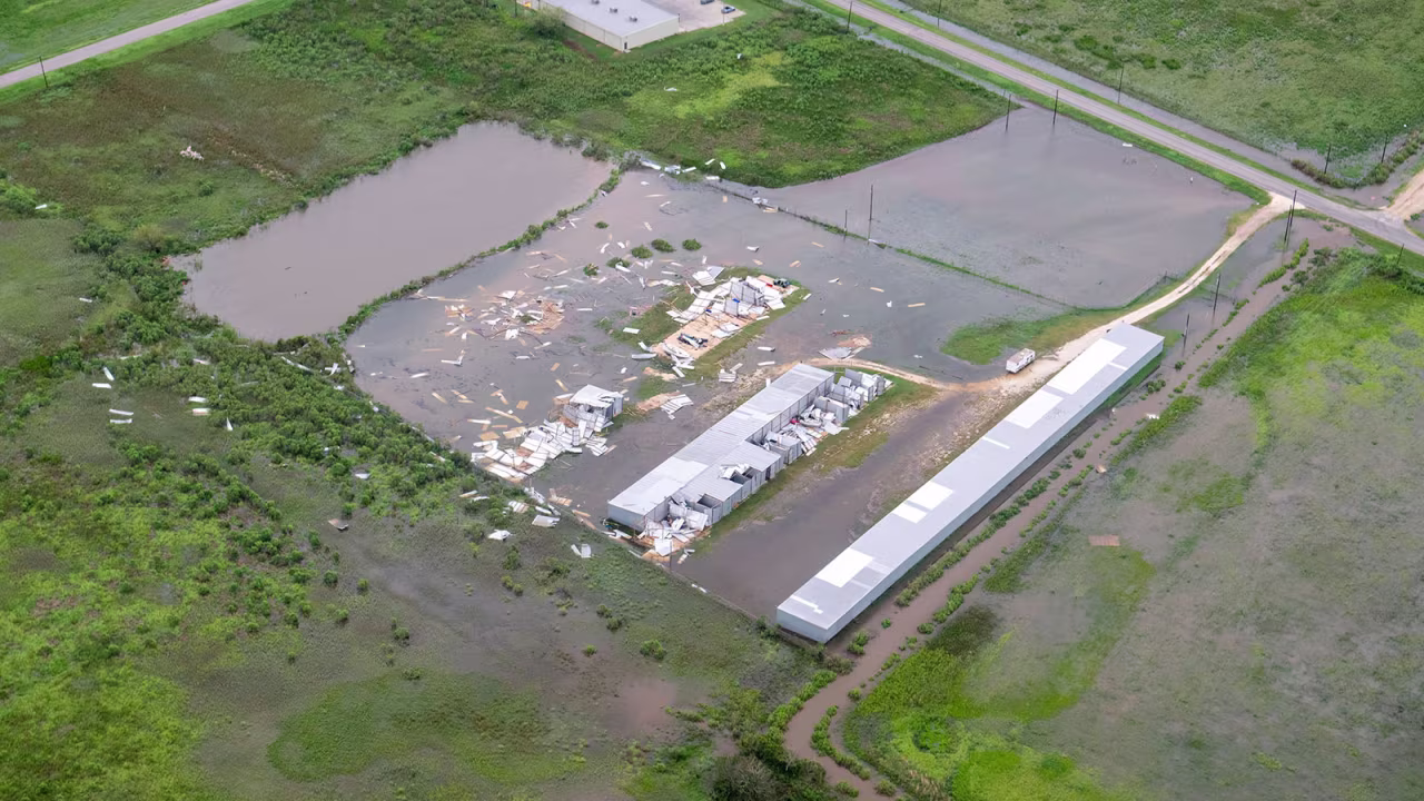 Flooded boat storage in Sargent, Texas.
