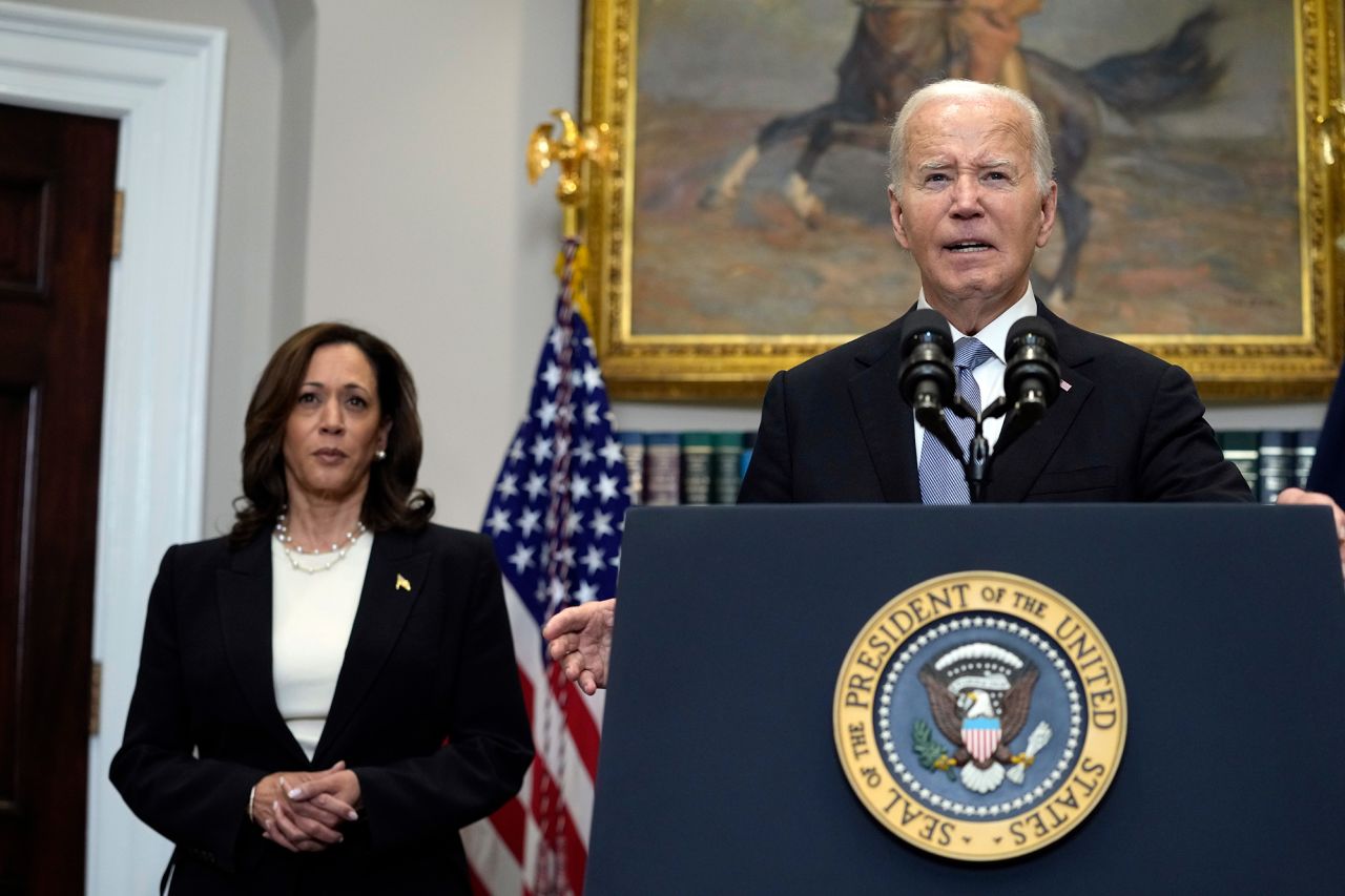 President Joe Biden delivers remarks alongside Vice President Kamala Harris at the White House on Sunday, July 14. 