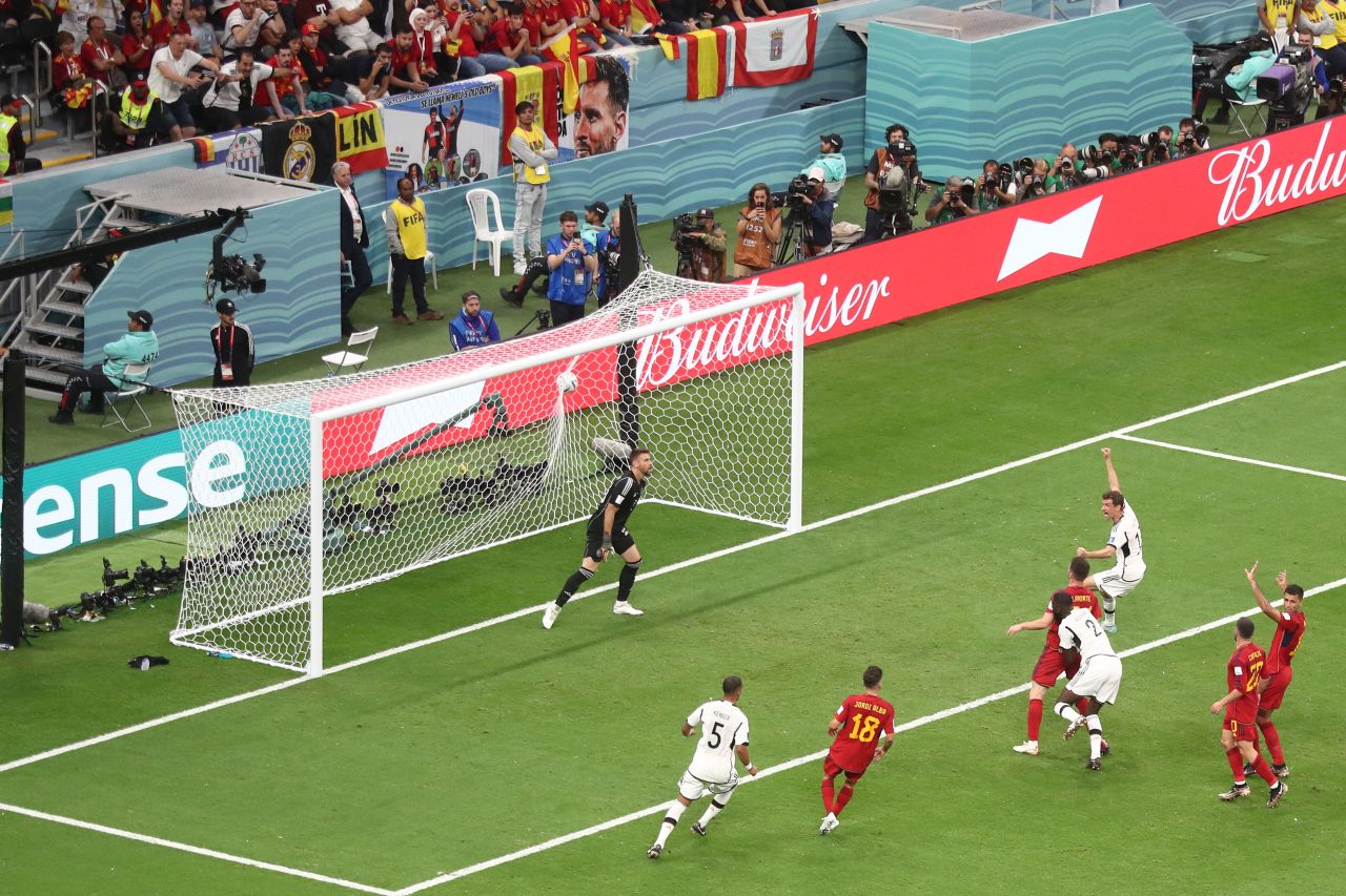 Antonio Rüdiger of Germany scores a goal but the goal was crossed off for the Germans being offside at Al Bayt Stadium in Al Khor, Qatar on Sunday.
