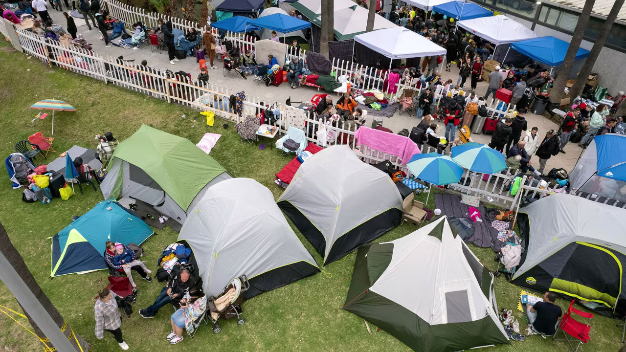 An improvised camp of Ukrainians seeking asylum in the United States is seen on the Mexican side of the San Ysidro crossing port in Tijuana, Mexico on April 2.
