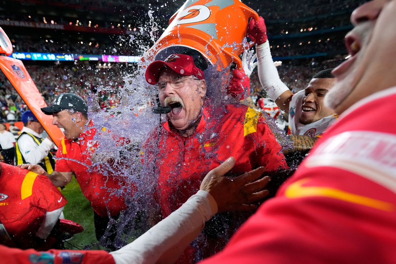 Kansas City Chiefs head coach Andy Reid is dunked with Gatorade after winning the Super Bowl LVII.