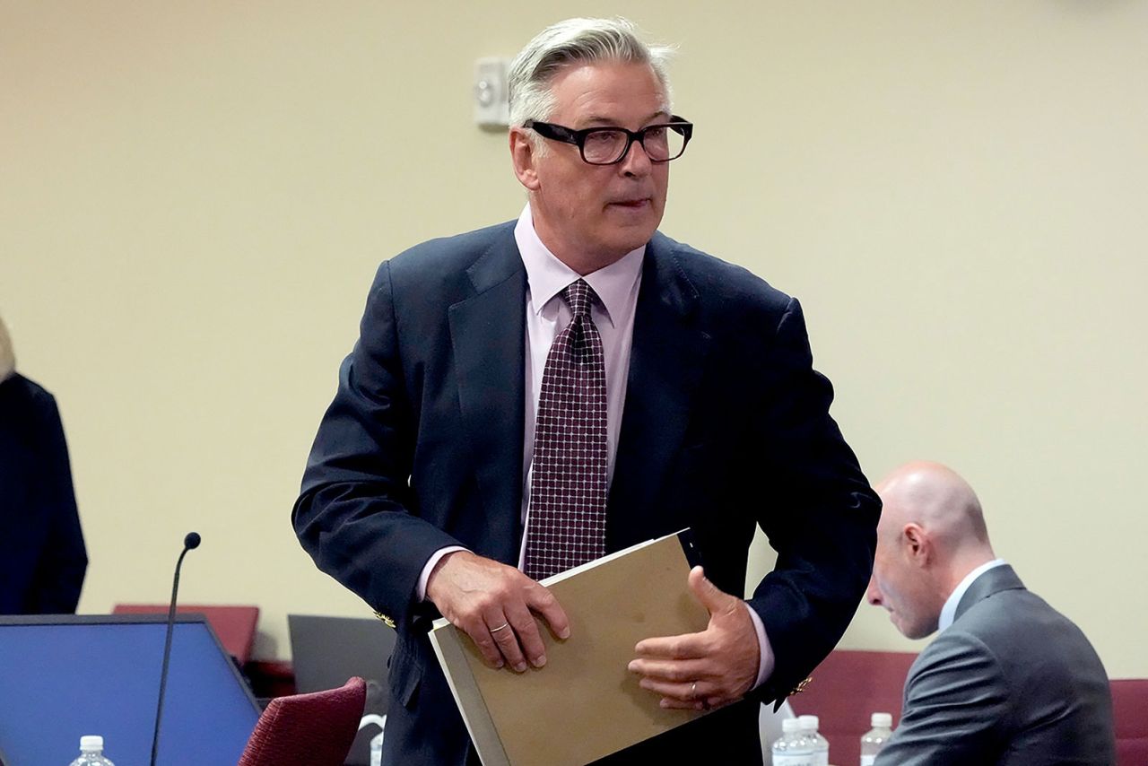 Alec Baldwin stands during a break in his involuntary manslaughter trial  in District Court, in Santa Fe, New Mexico, on Wednesday, July 10.