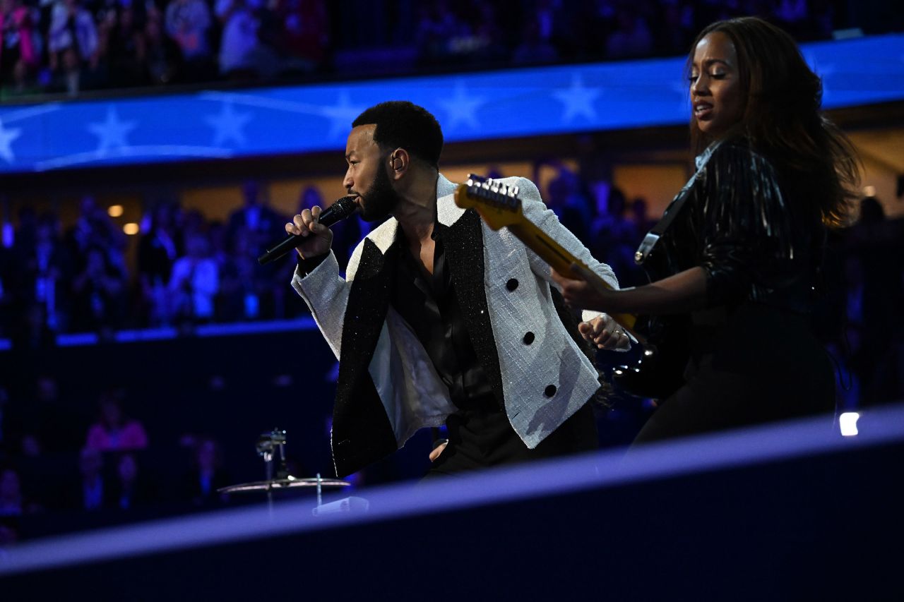 John Legend?performs a tribute to Prince?before Walz delivered his keynote address on Wednesday. Prince was a Minnesota native known for epitomizing “The Minneapolis Sound” at his home and studio, Paisley Park. Both Harris and Walz, Minnesota's governor, discussed their love of Prince’s music in a recent campaign video.?