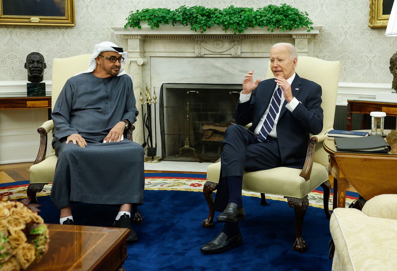 President Joe Biden speaks to the press as he meets with United Arab Emirates President Sheikh Mohamed bin Zayed Al Nahyan in the Oval Office of the White House on Monday.