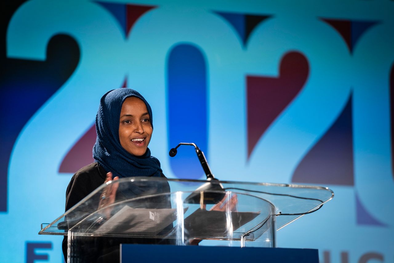 US Rep. Ilhan Omar, D-Minn., speaks to the media during an Election Night watch party in St. Paul, Minn., Tuesday, Nov. 3. Omar was re-elected. 