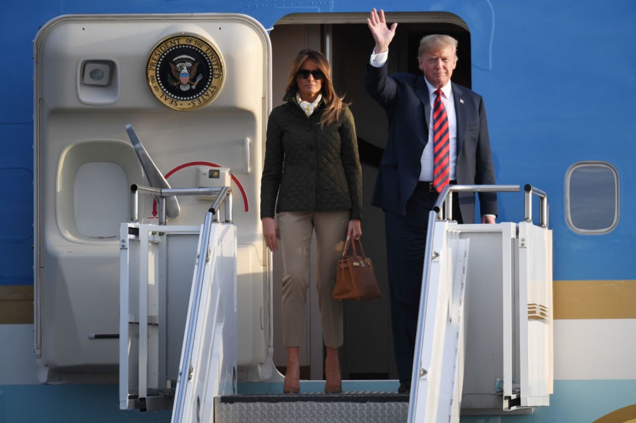 President Donald Trump and first lady Melania Trump arrive at Glasgow Prestwick Airport on July 13, 2018 in Glasgow, Scotland.