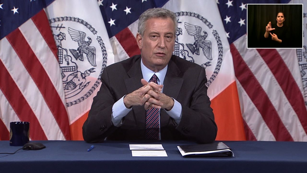 New York City Mayor Bill de Blasio speaks during a coronavirus briefing on May 15 in New York City.