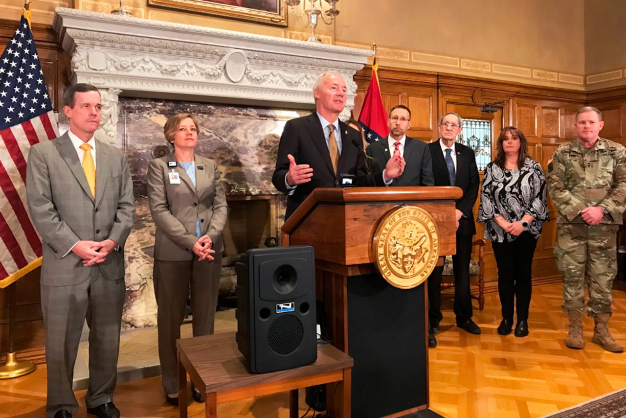 Arkansas Gov. Asa Hutchinson speaks at a news conference at the state Capitol on Thursday, March 12.