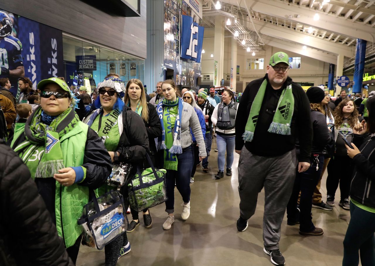 Fans attend an MLS match between the Seattle Sounders and Chicago Fire on March 1 in Seattle. 