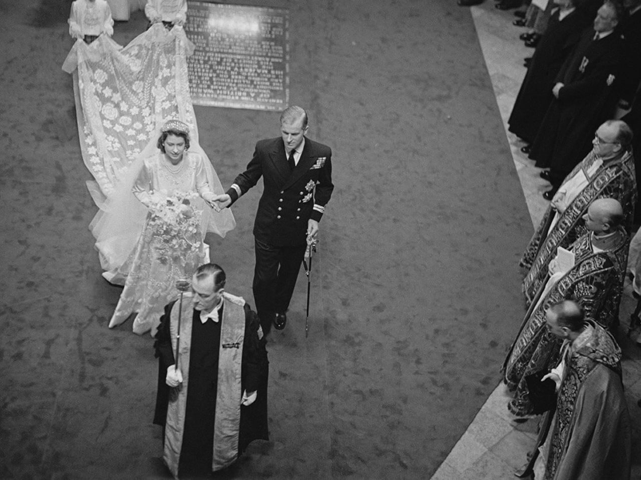 Elizabeth and Philip make their way down the aisle of Westminster Abbey on their wedding day, November 20, 1947.? 