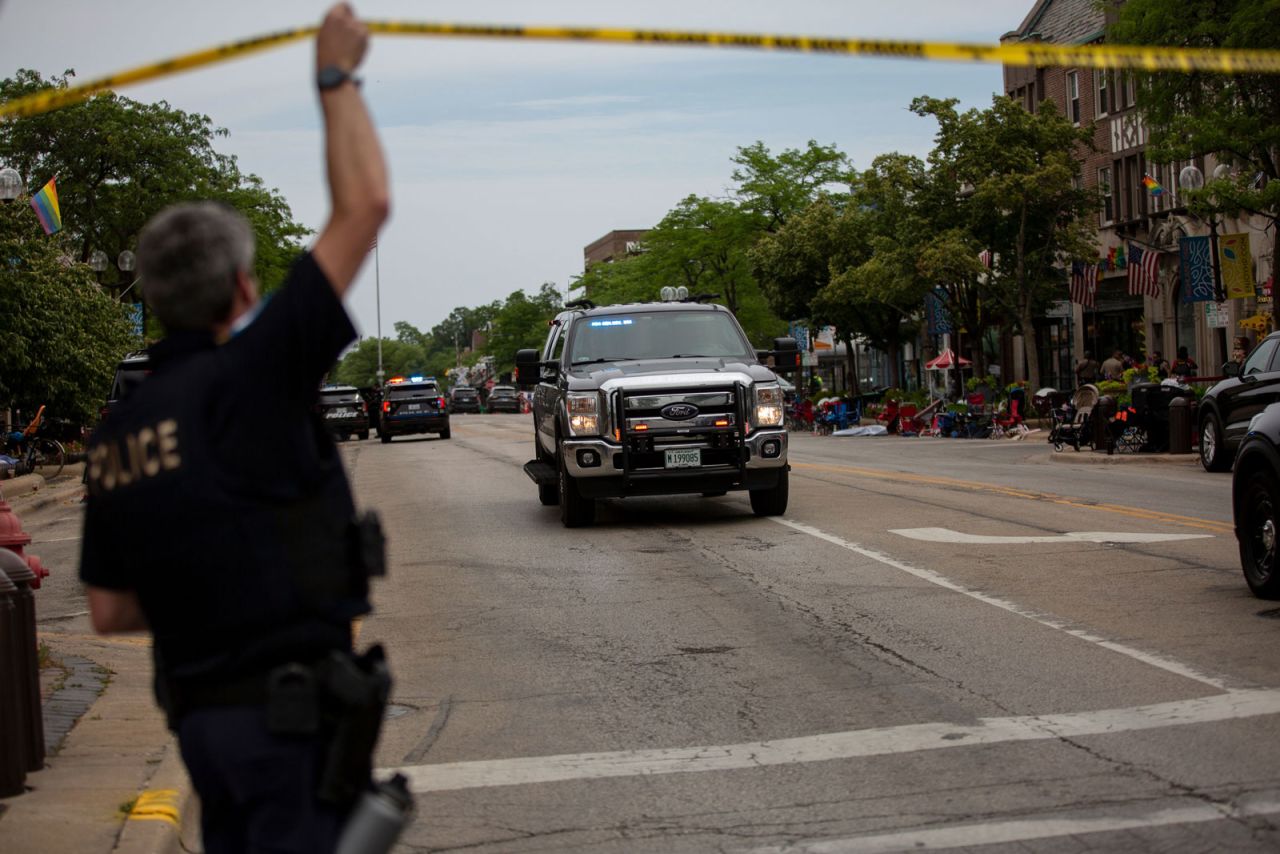 First responders work the scene of a shooting at a Fourth of July parade in Highland Park, Illinois, on Monday.