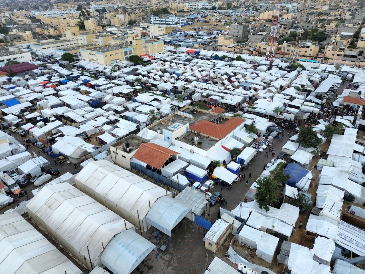 An aerial view of the United Nations Relief and Works Agency for Palestine Refugees (UNRWA) tent camp in Khan Younis, Gaza, on November 27.