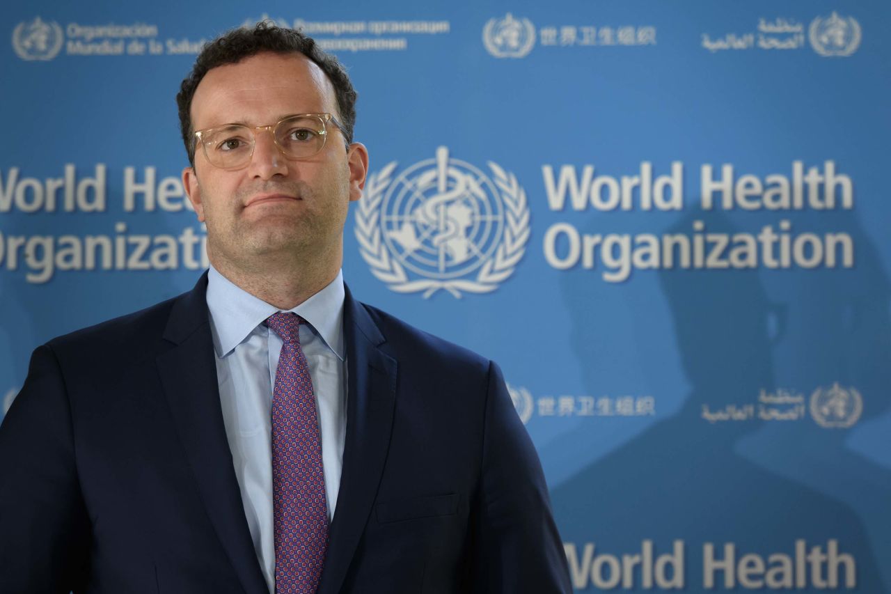 German Health Minister Jens Spahn looks on during a press conference at the World Health Organization headquarters in Geneva, Switzerland, on June 25, following a meeting about the COVID-19 outbreak.