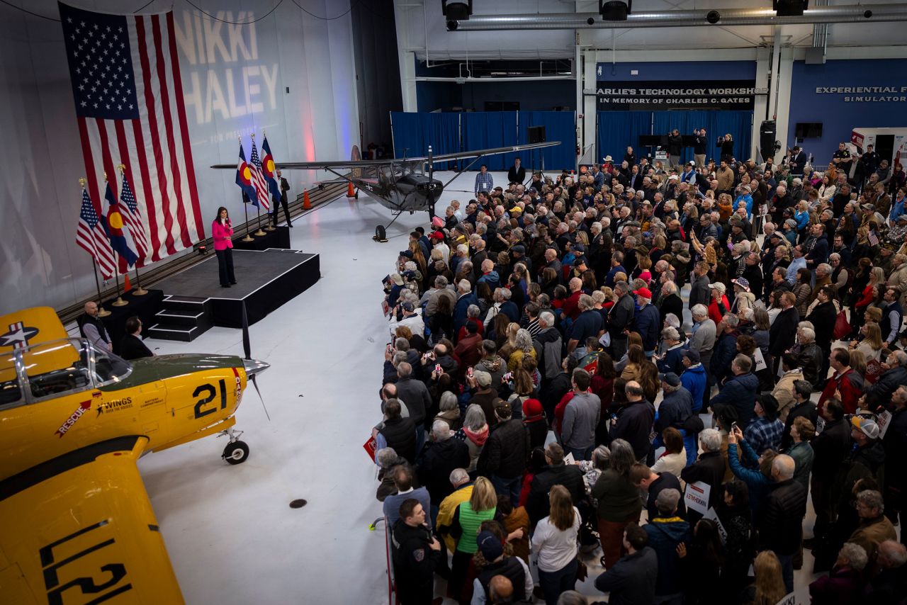 Nikki Haley speaks at a campaign event at Wings Over the Rockies Exploration of Flight museum on February 27, 2024 in Centennial, Colorado. 