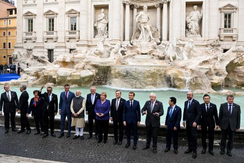 G20 leaders pose for a photo at the Trevi fountain on Sunday, October 31, 2021 in Rome, Italy.  