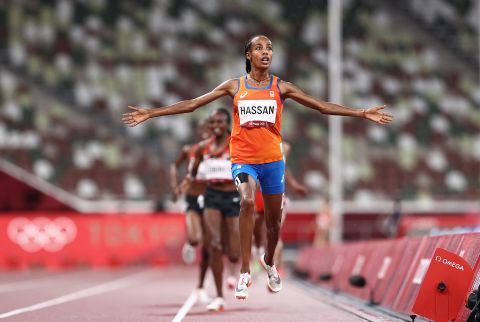 Sifan Hassan of Netherlands reacts as she wins gold in the 5000-meter final on August 2.