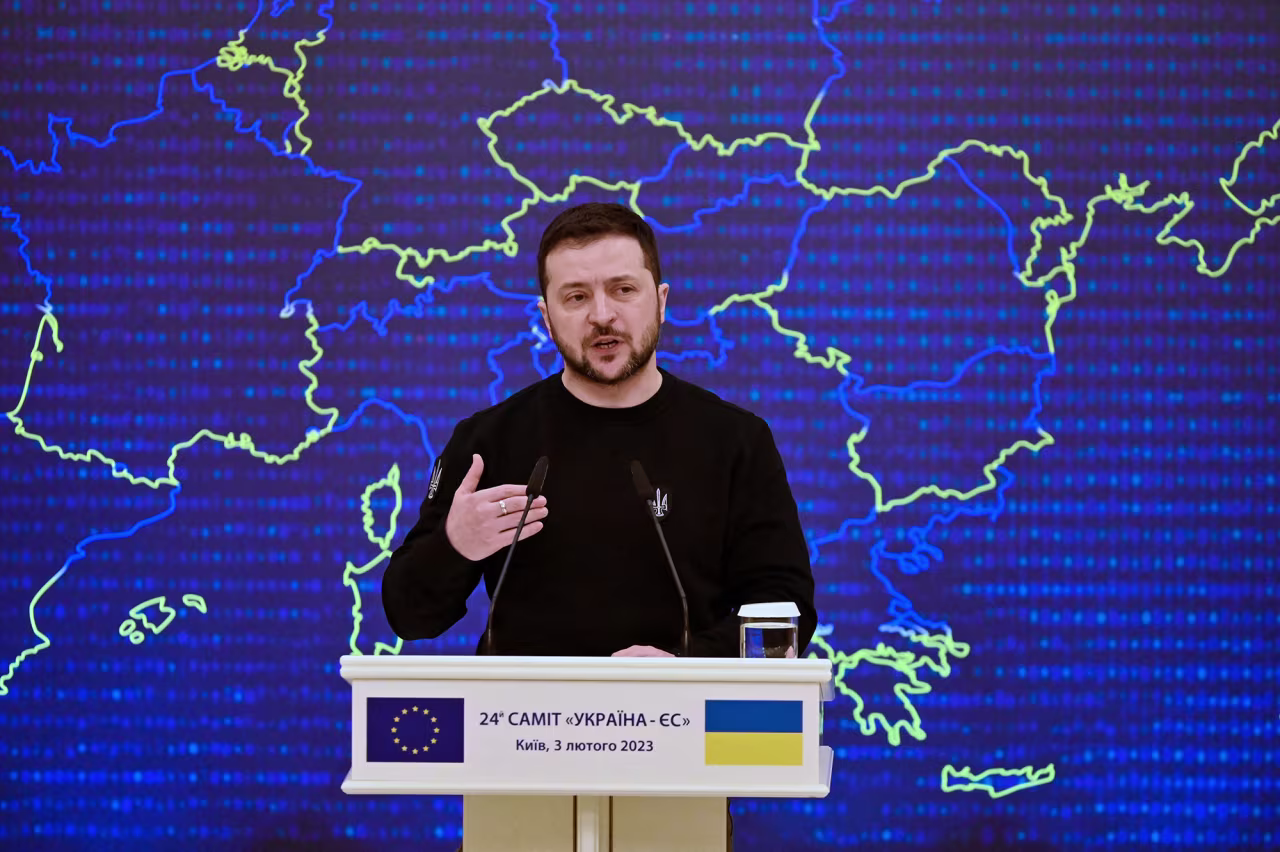 Ukrainian President Volodymyr Zelensky speaks during a joint press conference during an EU-Ukraine summit in Kyiv, Ukraine, on February 3.