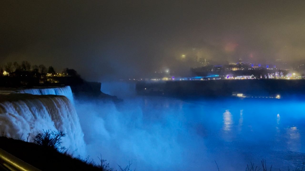 Niagara Falls lit up in blue on January 3.