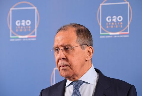 Russian Foreign Minister Sergey Lavrov attends a news conference on the sidelines of the G20 Leaders' Summit in Rome.