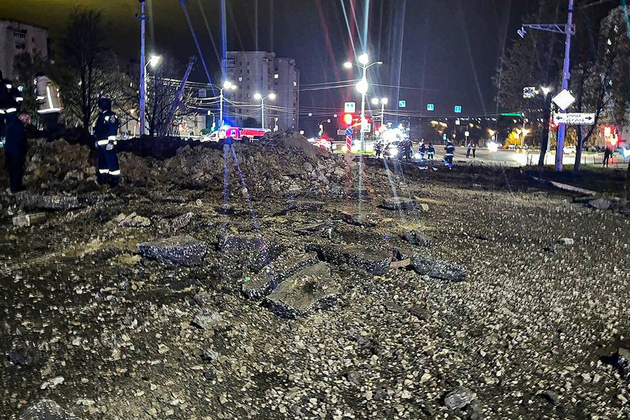 A crater is seen after an explosion in Belgorod, Russia, on April 21, 2023.?