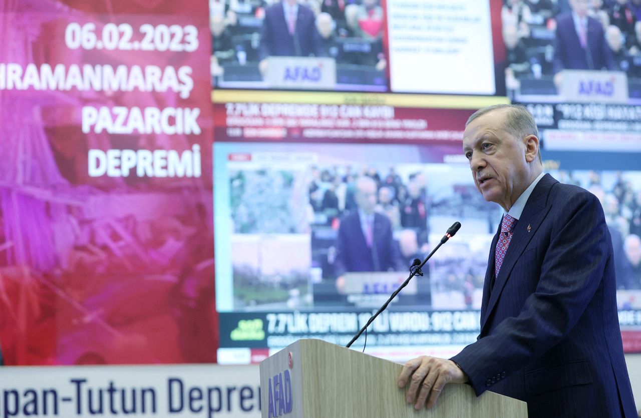 Turkish President Recep Tayyip Erdogan speaks at the coordination center of Turkey's Disaster and Emergency Management Authority in Ankara, Turkey, on Monday.