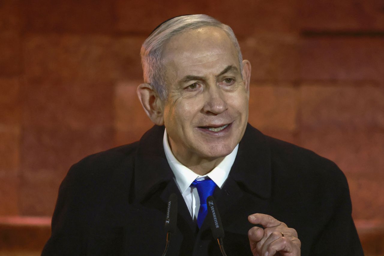 Israel's Prime Minister Benjamin Netanyahu speaks during a ceremony marking Holocaust Remembrance Day at the Yad Vashem Holocaust Memorial in Jerusalem on May 5.