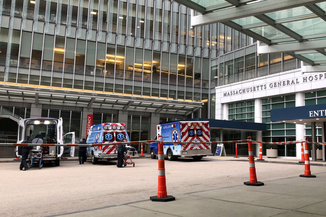 Ambulances are lined up at the main entrance of Massachusetts General Hospital in Boston on April 30.