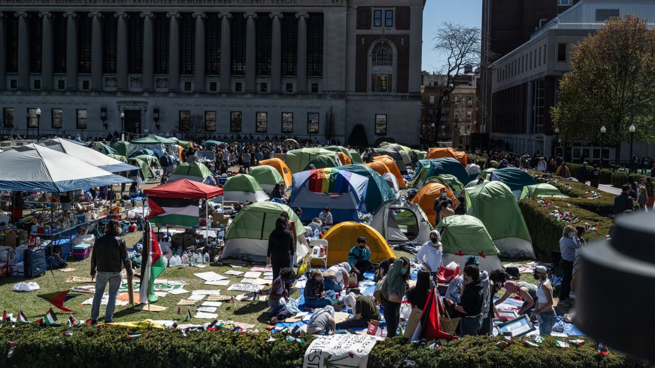 Columbia University students participate in an ongoing encampment on their campus in New York City, on April 23.
