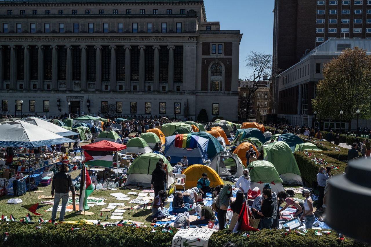 Columbia University students participate in an ongoing encampment on their campus in New York City, on April 23.