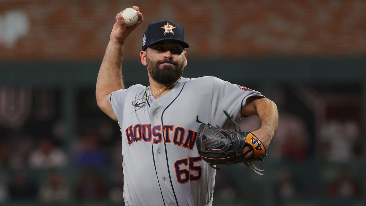 Jose Urquidy of the Astros delivers a pitch against the Braves during the fourth inning in Game 5 on October 31 in Atlanta.