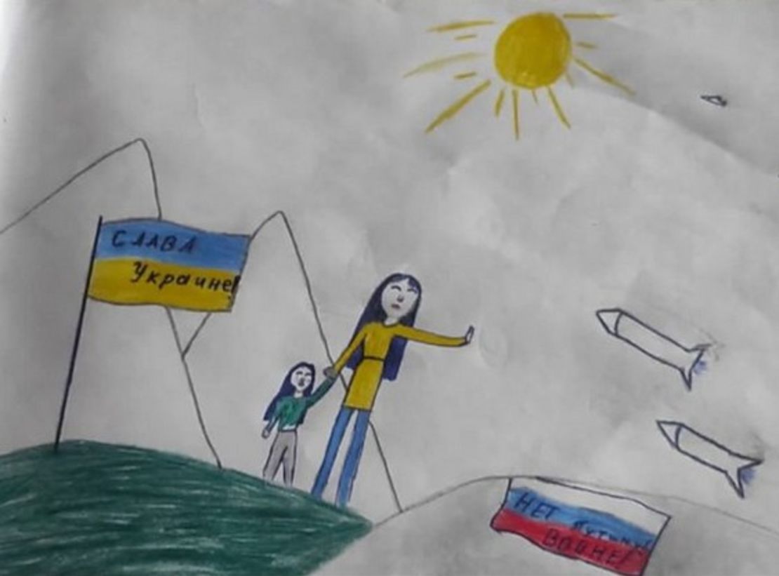 This picture, drawn by Alexey Moskalyov's then-12-year-old daughter, attracted the attention of school authorities. He was fined and then imprisoned for his own online posts critical of the invasion of Ukraine.