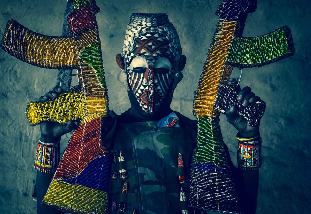 Ziman began “Weapons of Mass Production” with a series of replica AK-47 rifles made from wire frames and beadwork. The firearm is one of the most common in the world and was seen as a weapon of liberation during the anti-apartheid struggle in South Africa, he explained.