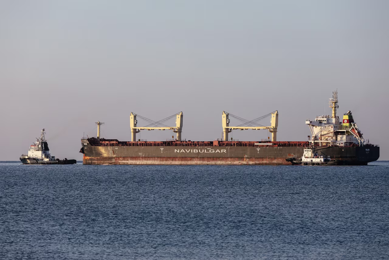 A Malta-flagged bulk carrier M/V Rojen vessel carrying tons of corn leaves the Ukrainian port of Chornomorsk, before heading to Teesport in the United Kingdom, on August 5. 