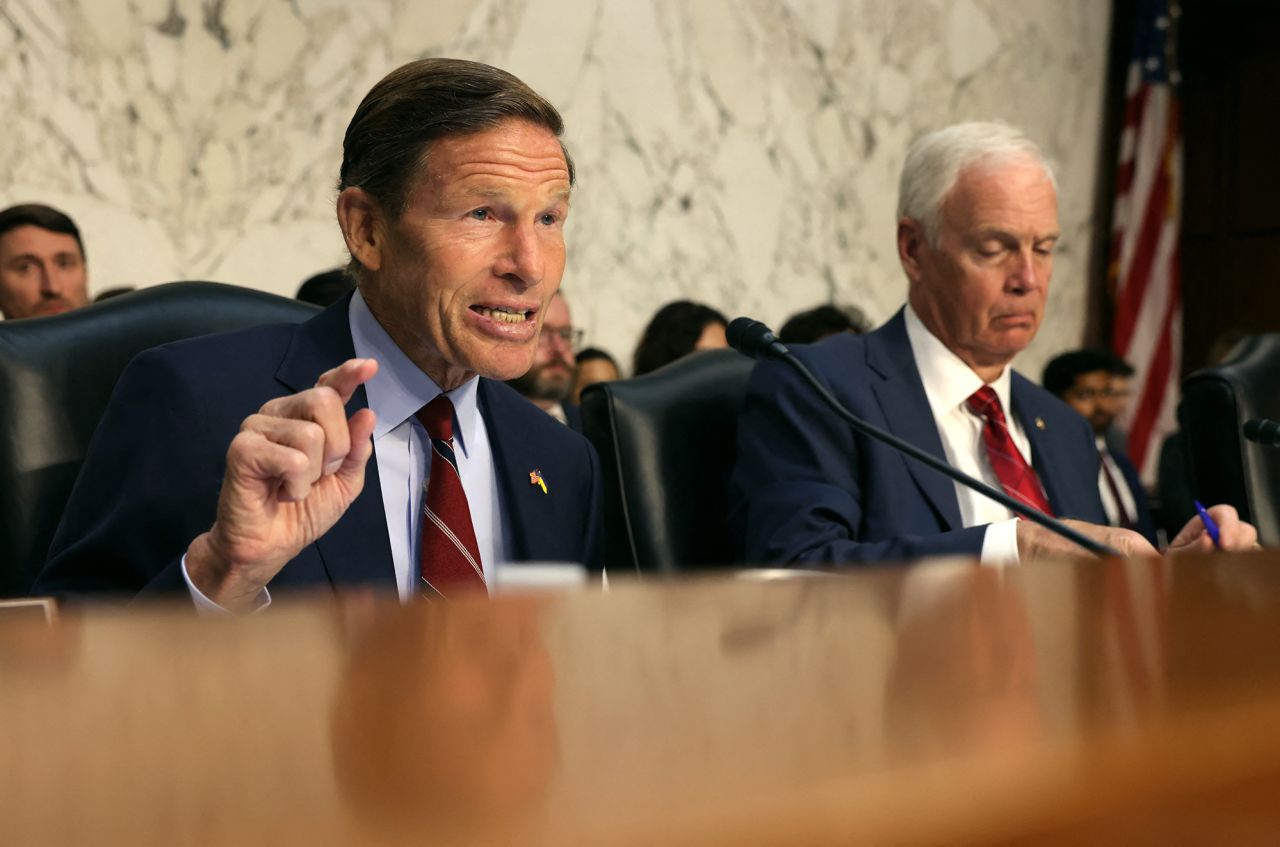 US Senator and Chairman Richard Blumenthal, Democrat of Connecticut, with Senator Ron Johnson (R), Republican of Wisconsin, speaks as Boeing President and CEO Dave Calhoun testifies during a Senate Homeland Security and Governmental Affairs Committee Investigations Subcommittee hearing to examine "Boeing's broken safety culture" on Capitol Hill today.