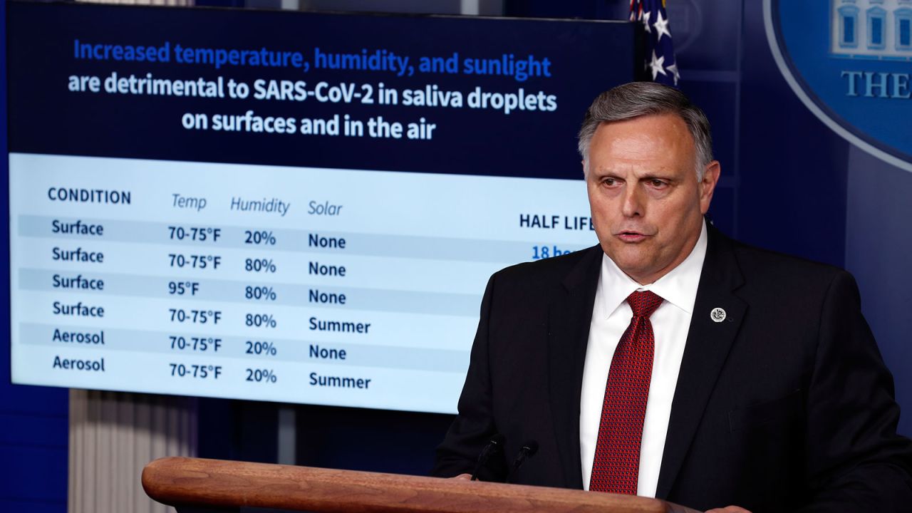 Bill Bryan, head of science and technology at the Department of Homeland Security, speaks about the coronavirus in the James Brady Press Briefing Room of the White House on April 23.