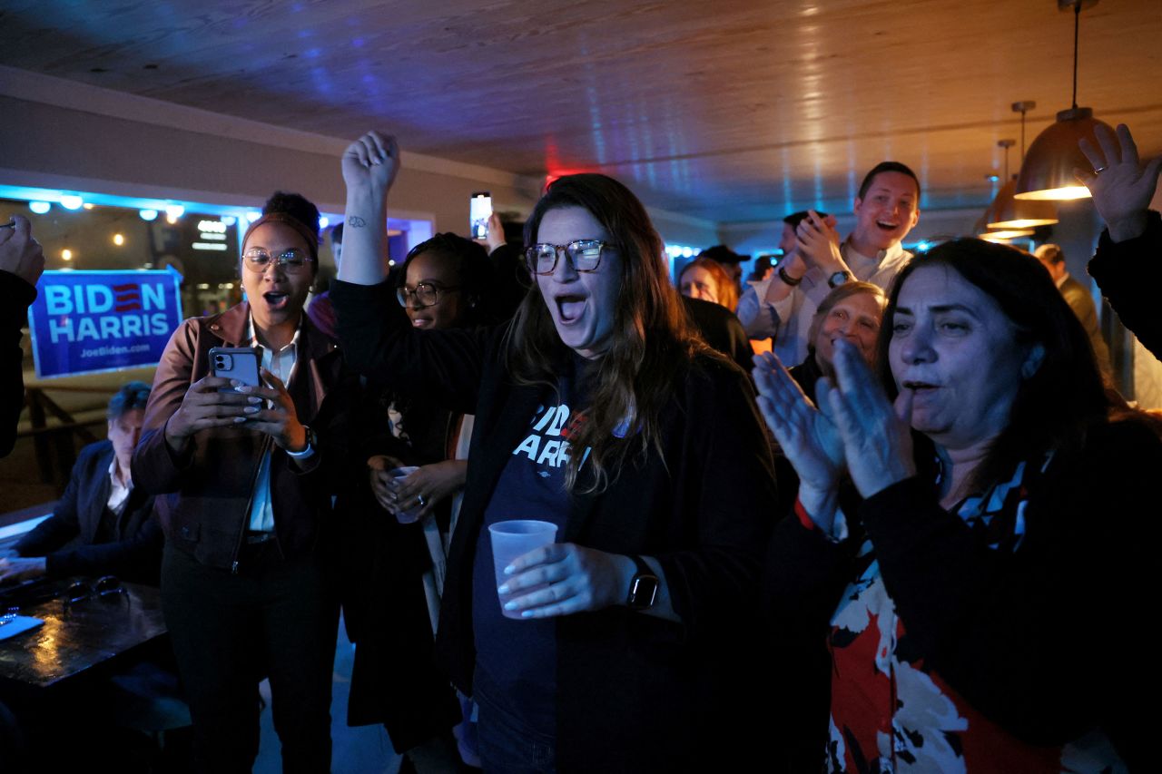 Supporters celebrate President Joe Biden's victory in South Carolina's Democratic presidential primary at a watch party in North Charleston, South Carolina, on Saturday. 