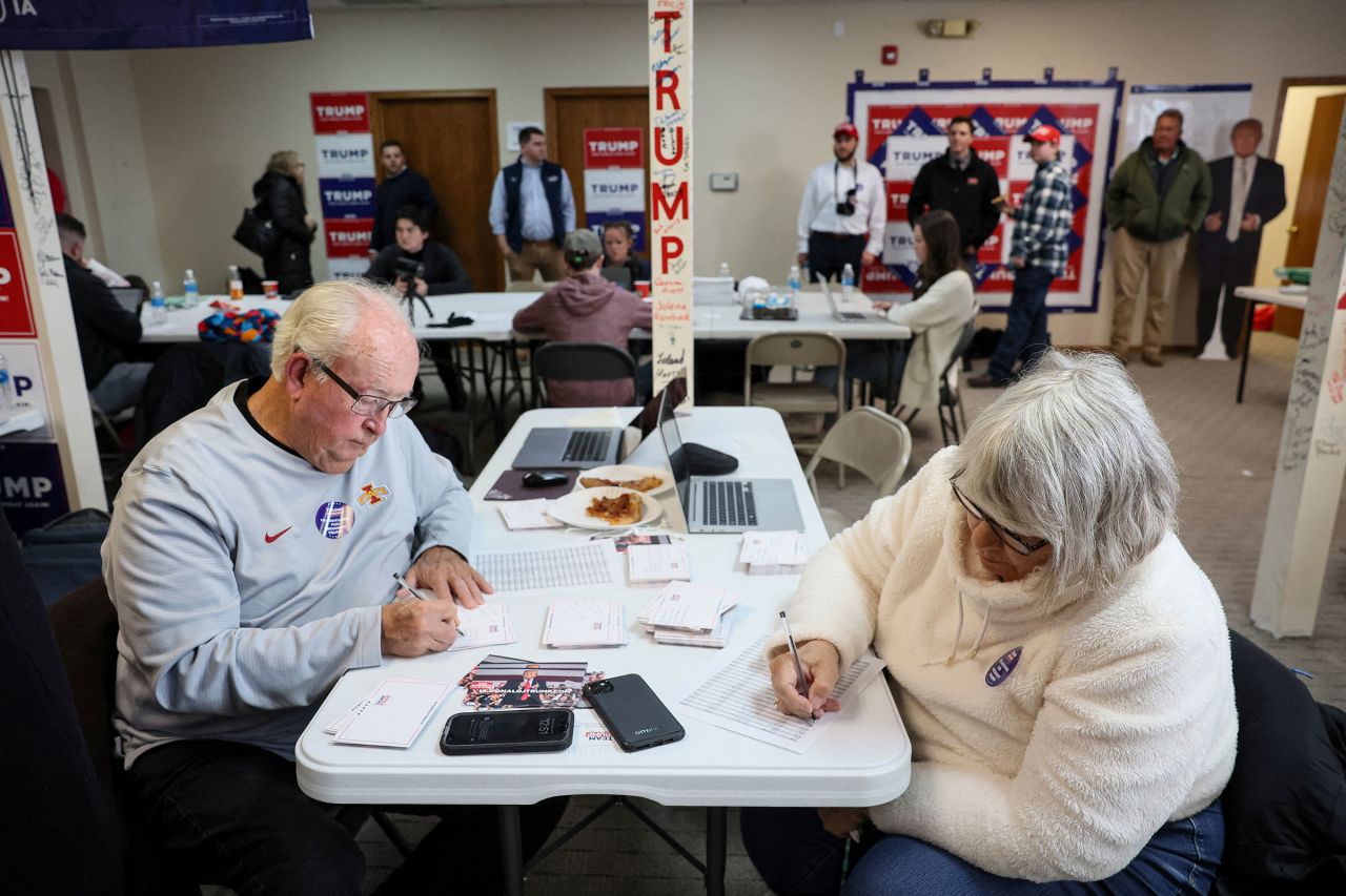 Volunteers work at former President Donald Trump's campaign headquarters in Urbandale, Iowa, on January 13.