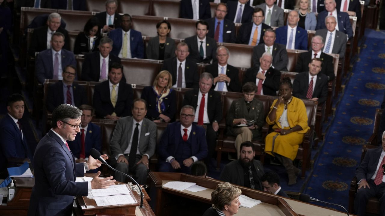 House Speaker-elect Rep. Mike Johnson addresses members of Congress at the Capitol in Washington, DC, on Wednesday.