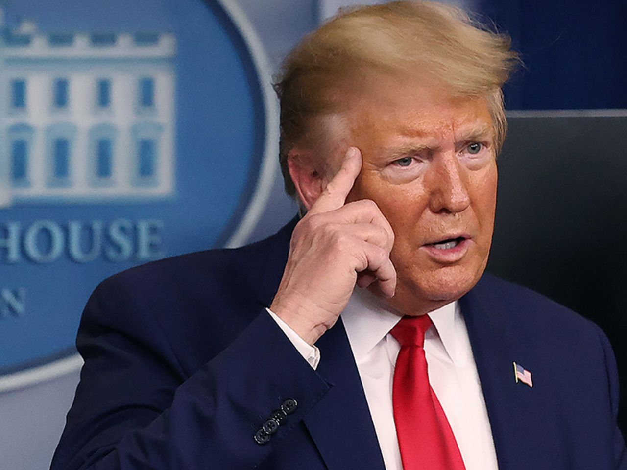 President Donald Trump speaks to reporters following a meeting of his coronavirus task force  at the White House on Monday, April 6.