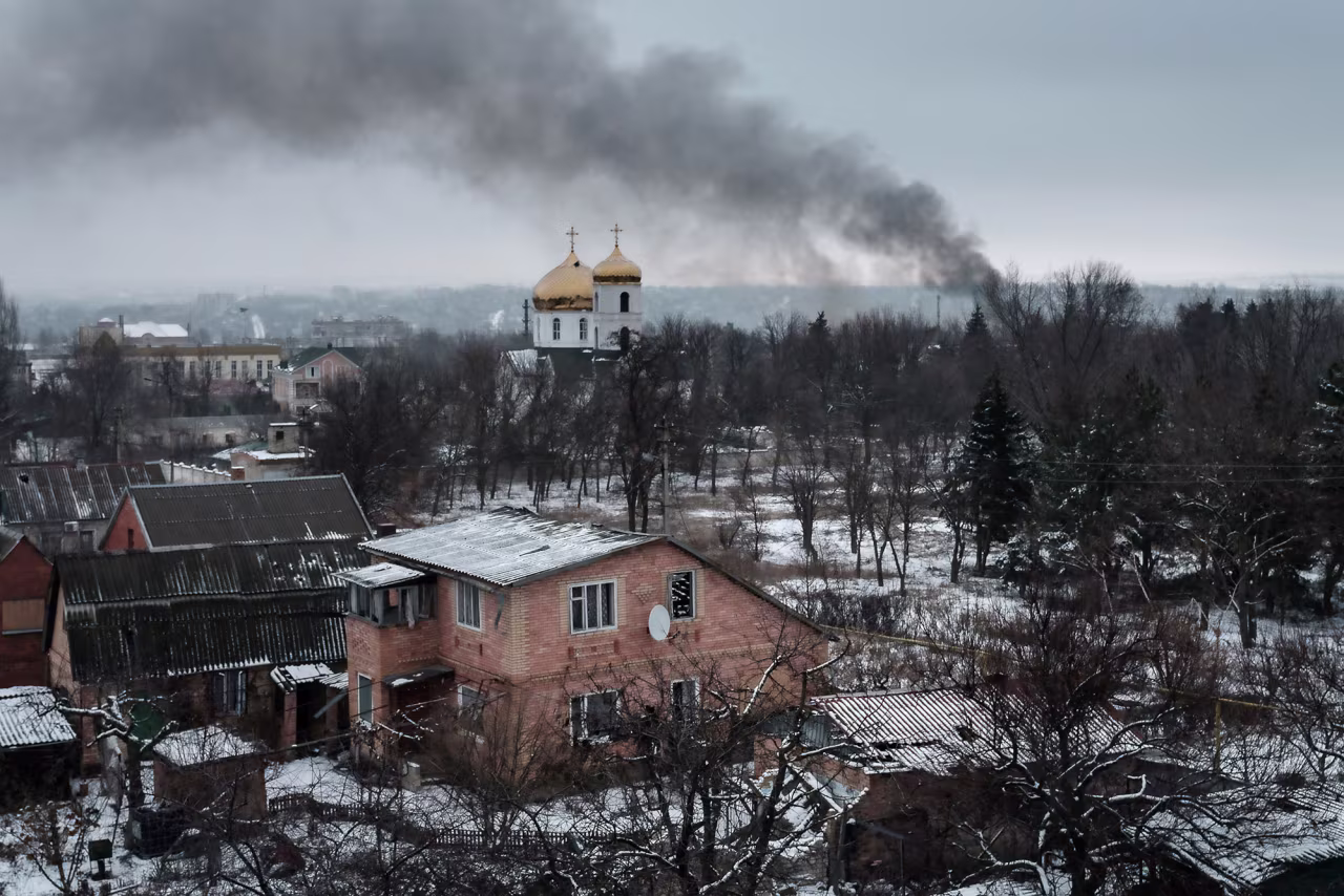 Black smoke rises after shelling in Bakhmut, Ukraine, on February 3.
