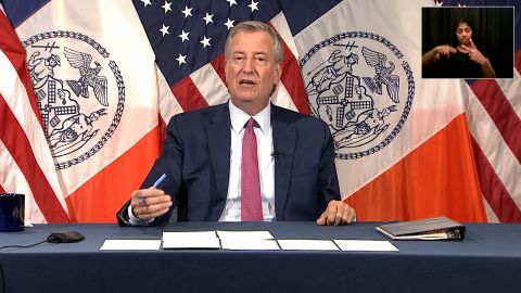 New York City Mayor Bill de Blasio speaks during a press briefing in New York on July 21.
