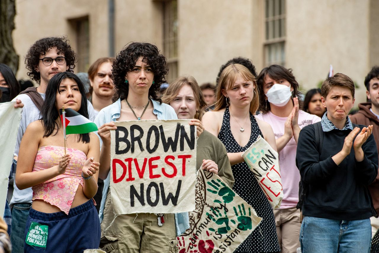 Pro-Palestinian student protesters and activists rally at an encampment on the campus of Brown University in Providence, Rhode Island, on April 29