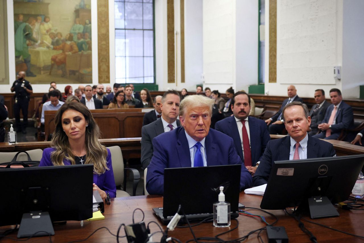 Former President Donald Trump sits in a New York State Supreme Court room alongside his lawyers including Chris Kise, right, on Tuesday.