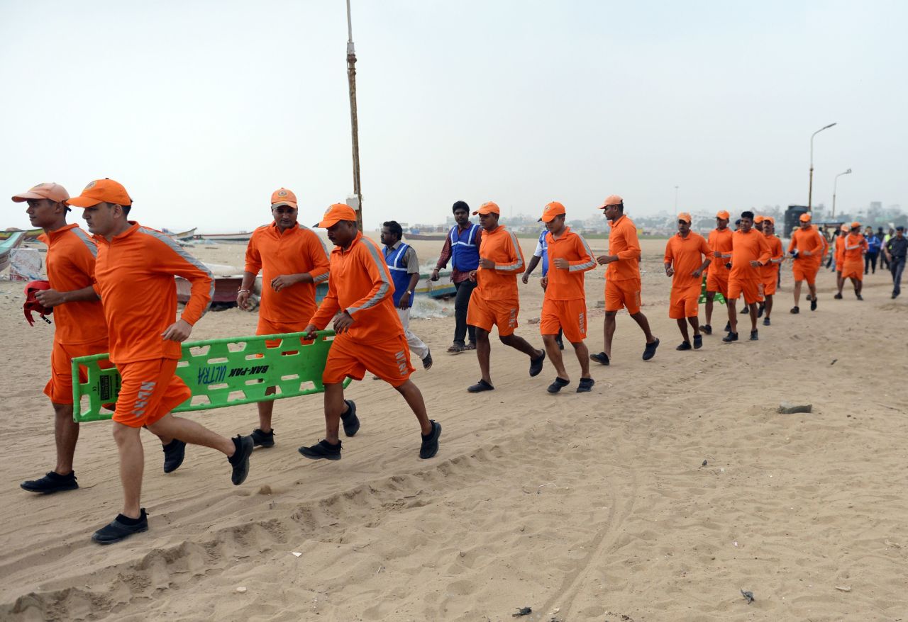 Members of India's National Disaster Response Force take part in a training exercise in in 2017.