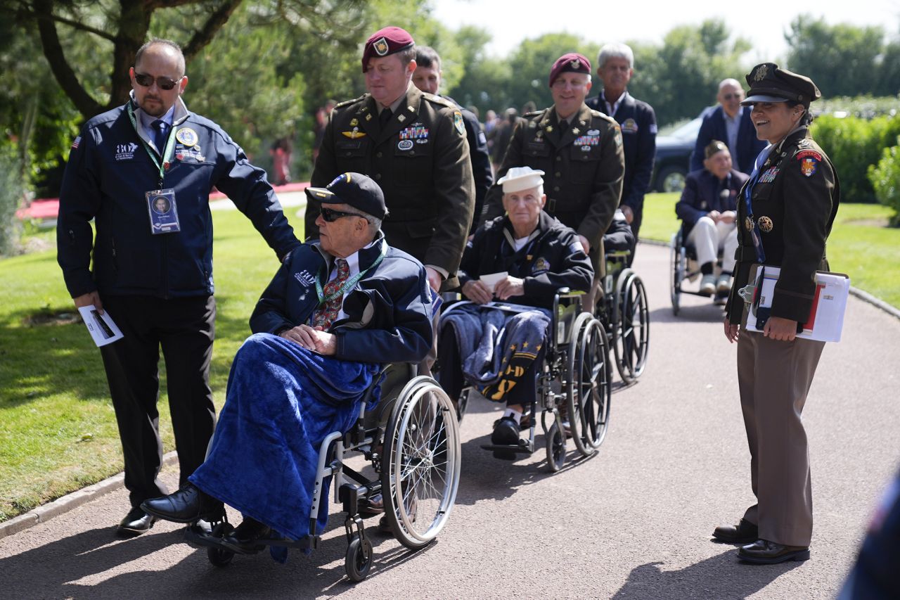 World War II veterans arrive for ceremonies to mark the 80th anniversary of D-Day, on  June 6, 2024, in Normandy, France.