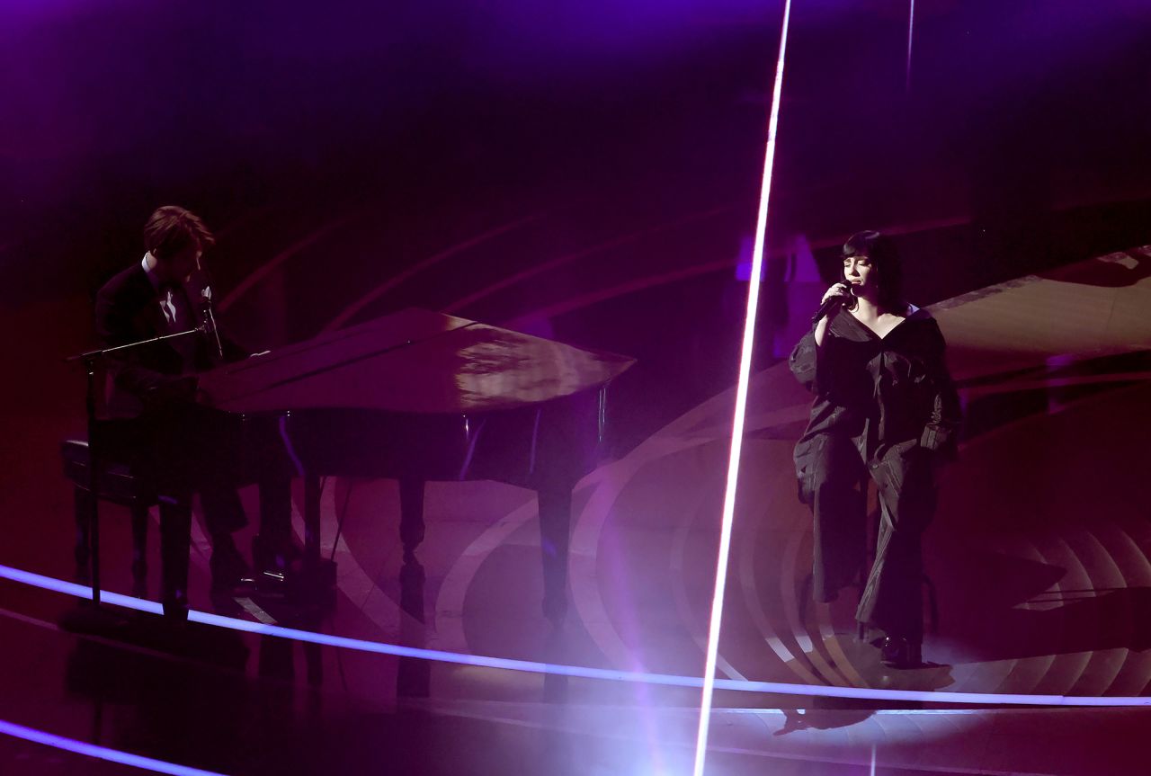Finneas, left, and Billie Eilish perform at the Academy Awards on Sunday, March 27.