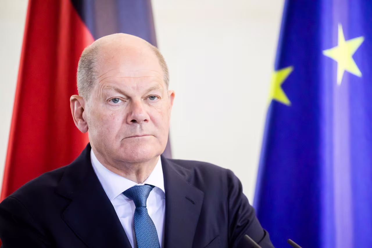 German Chancellor Olaf Scholz attends a press conference on Sunday, May 14. 
