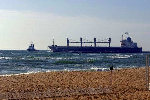 A Panama-flagged bulk carrier Ikaria Angel leaves the sea port in Chornomorsk with wheat for Ethiopia on Saturday.