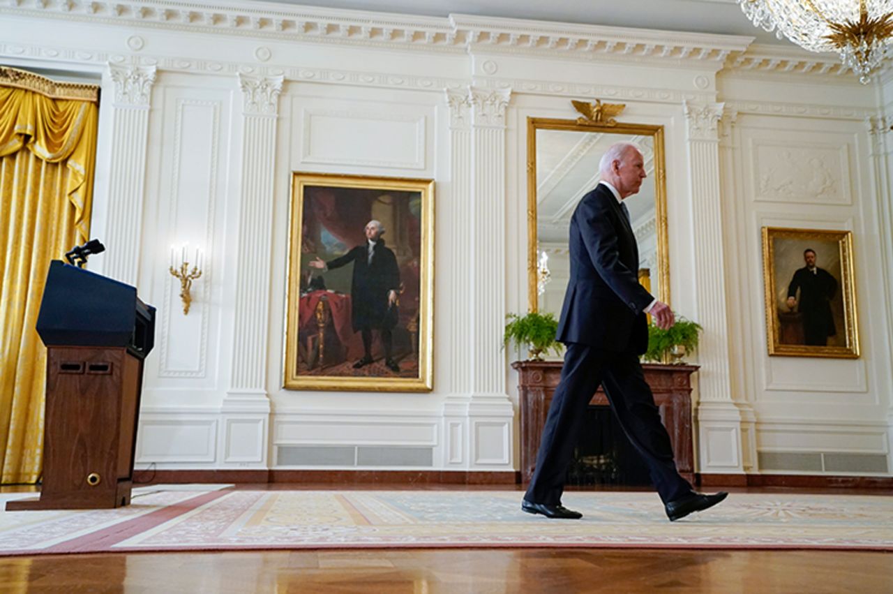 President Joe Biden walks from the podium after speaking about Afghanistan from the East Room of the White House, Monday, Aug. 16, 2021, in Washington.